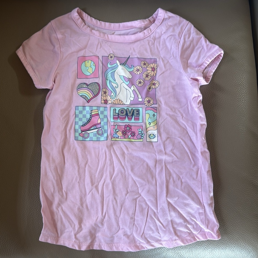 Jumping Beans Softest Tee Pink Unicorn Love Short Sleeve Shirt, Size 7, Like New